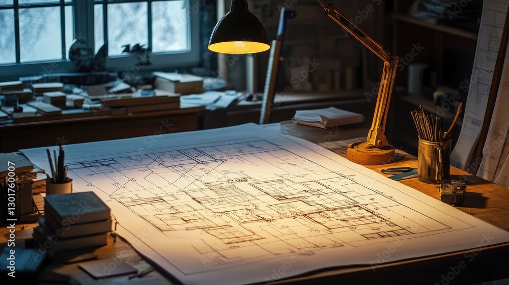 Poster a large-format architectural blueprint spread across a drafting table, illuminated by a desk lamp.