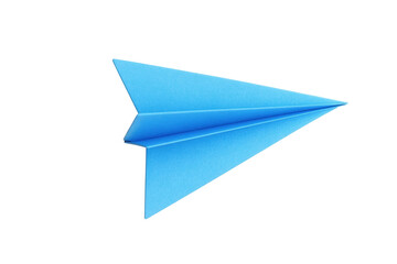 Fototapeta premium Blue paper airplane ready for flight in mid-air, cut out