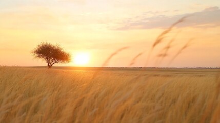 Obraz premium Sunset over savanna grassland, lone tree silhouette. Peaceful nature scene