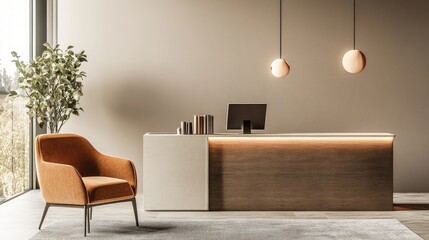 A luxurious hotel check-in desk featuring a modern, minimalist design with warm tones.