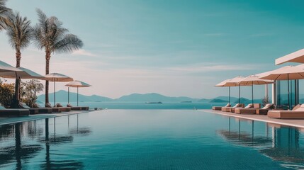Fototapeta premium A luxurious hotel pool with crystal-clear water reflecting the blue sky, surrounded by palm trees and modern lounge chairs.