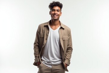 Fototapeta premium Half-Length (Waist-Up) portrait of young stylish smiling Costa Rican male model in cosplay wear isolated on pure white background looking at camera