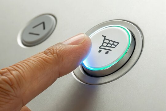Shopping becomes effortless as a finger presses the illuminated button on a modern device in a tech-savvy environment. Generative AI