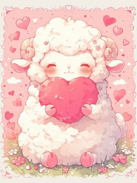 Cute little sheep holding a heart in a whimsical hand drawn illustration for romantic themes