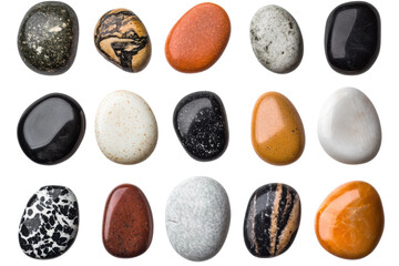 Variety of smooth, colorful river stones, cut out