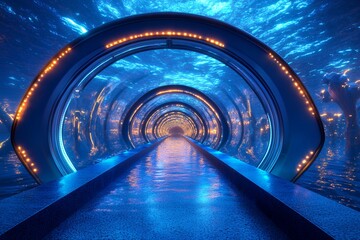 Futuristic underwater tunnel with illuminated circular arches and reflective pathway
