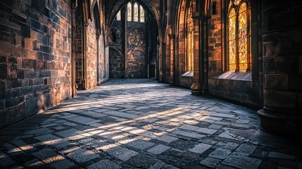 Fototapeta premium Sunlit stone cathedral corridor with stained glass.