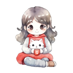 watercolors Cute cat girl sitting illustration 