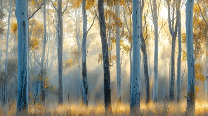 Sunlit misty forest with tall trees at sunrise.