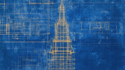 A luxurious skyscraper blueprint with golden accents on a navy background.