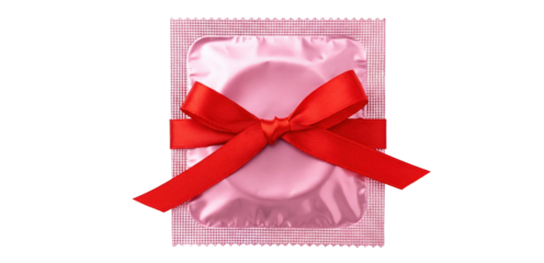 condom, condoms pink wrapper, red ribbon, love concept valentine day PNG file, disease pregnancy prevention close-up, isolated on white transparent background copy space.