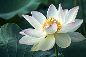 Lotus flower blooms gracefully under the sunlight in a serene pond surrounded by lush green leaves. Generative AI