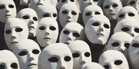 Fototapeta premium A large crowd comprising of Expressionless White Masks that evokes various emotions and thoughts
