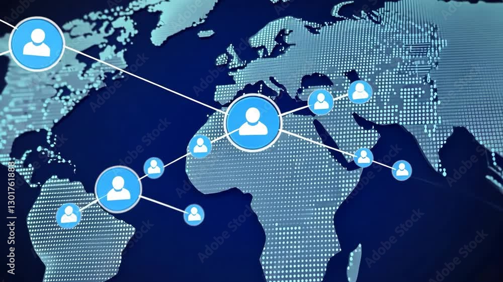 Poster digital world map with interconnected user icons symbolizing global communication, networking, and t