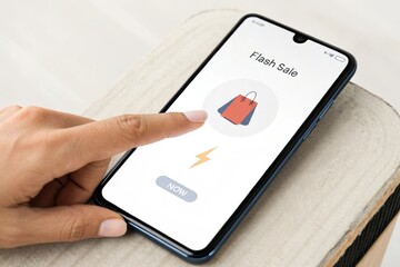 Exciting rush to grab deals during a flash sale on an online shopping app at home in the afternoon. Generative AI