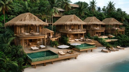 A luxury resort blueprint with beachfront villa designs and pool layouts.