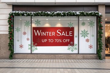 Celebrate the season with a festive winter sale showcasing joyful decorations and huge discounts in a bustling shopping district. Generative AI