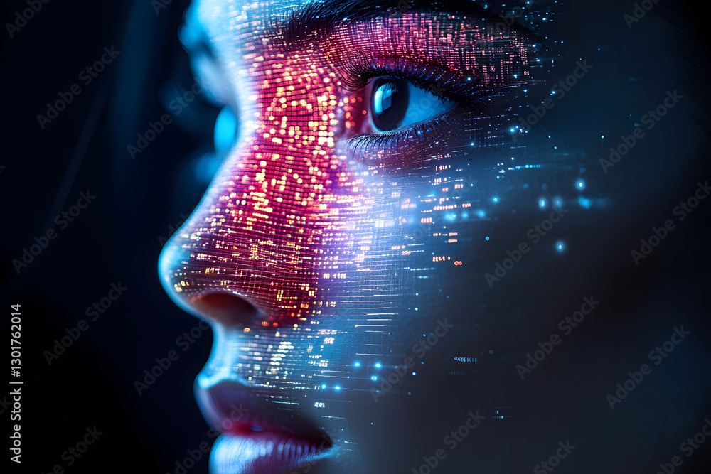 Poster futuristic face with digital data visualization