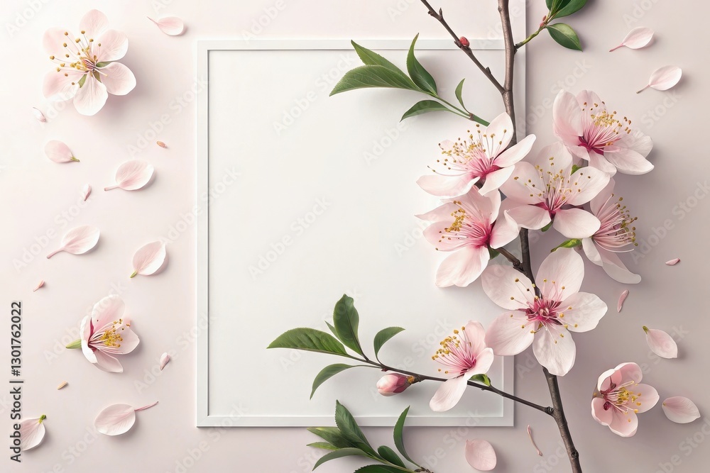 Aufkleber delicate cherry blossoms surround a serene empty frame on a soft pastel background in a tranquil spr