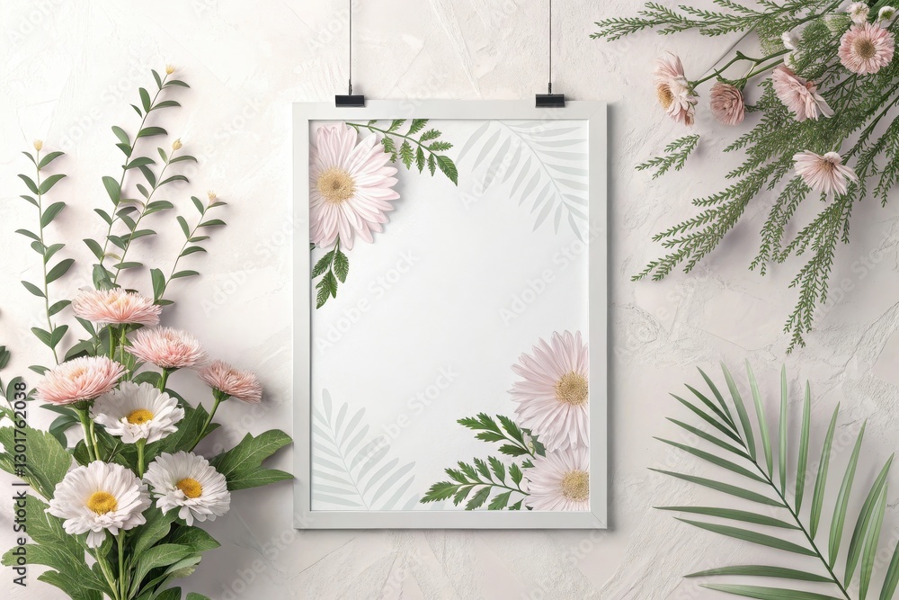 Poster delicate floral arrangement enhances a minimalist art display in a serene setting with soft hues and