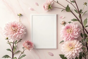 Obraz premium Elegant arrangement of soft pink dahlias framing a blank space for personalized messages and creative designs. Generative AI