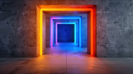 Obraz premium Experience a unique fusion of abstract and Gothic design with glowing neon tubes in a scifi interior. A surreal 3D masterpiece.