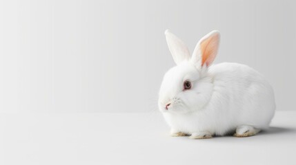 Obraz premium A cute white rabbit sits against a crisp white background, perfect for Easterthemed designs with ample copy space.