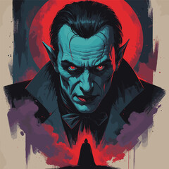 Portrait of a vampire, menacing, with silhouette of his victim, dark red background