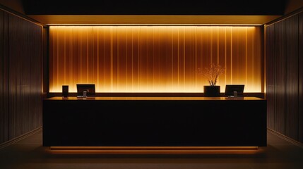 A minimalist, stylish hotel check-in counter with contemporary interior design and soft lighting.
