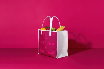Vibrant grocery bag filled with fresh produce contrasts beautifully against a pink background. Generative AI