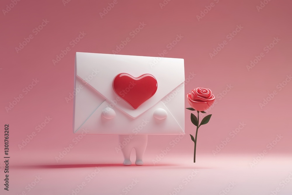 Poster heartfelt delivery on a soft pink background with a charming envelope and a single red rose. generat