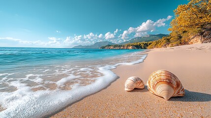 Obraz premium Seashells on a tranquil beach tropical island nature photography coastal environment eye-level view