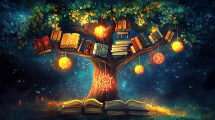 World Creativity and Innovation concept week A whimsical tree adorned with books and lights.