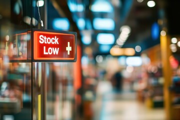 Store alert signals low inventory levels, emphasizing shopping urgency and consumer awareness in a vibrant retail environment. Generative AI