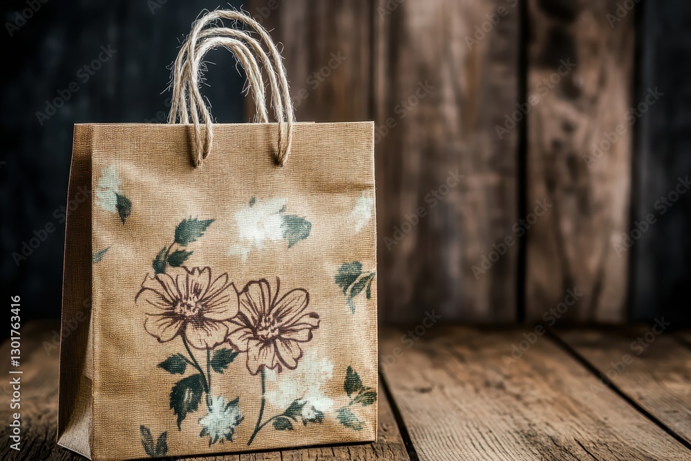 Poster handcrafted burlap bag adorned with floral design rests on rustic wooden surface in soft natural lig
