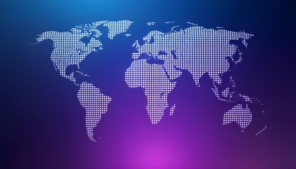 A stylized world map is depicted, created using a grid of small, white dots against a vibrant gradient background transitioning from deep purple at the bottom to a slightly lighter purple at the top. 