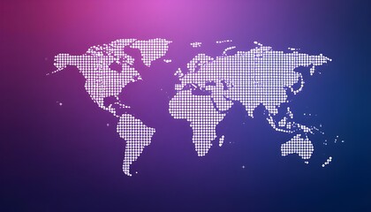 map of the world, A stylized world map is depicted, created using a grid of small, white dots against a vibrant gradient background transitioning from deep purple at the bottom to a slightly lighter 