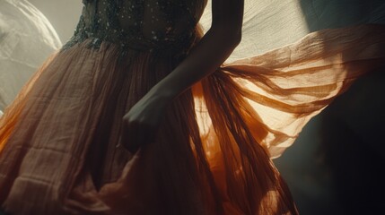 Woman twirling peach gown, sunlit studio, fabric flowing, fashion editorial