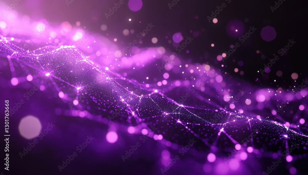 Poster abstract background with glowing purple lights and intricate connections creating a sense of digital