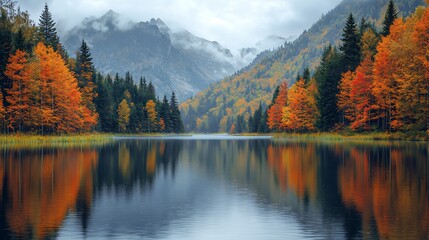 Fototapeta premium Autumn reflection scenic lake nature photography serene environment wide viewpoint