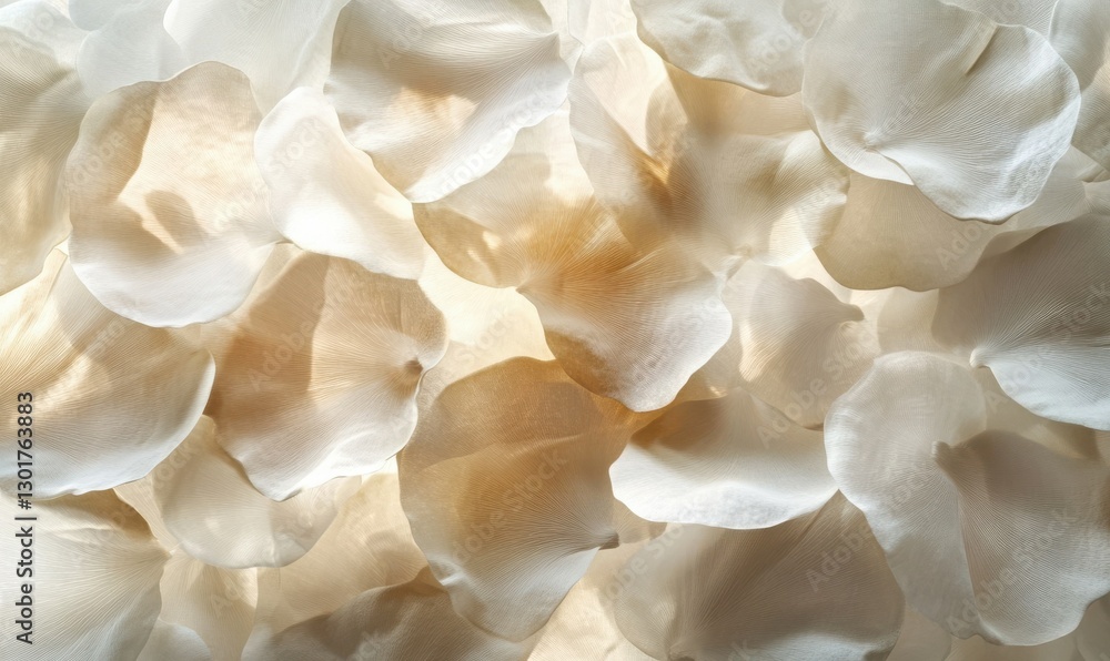 Poster artistic white petals overlapping dynamically illuminated by subtle lighting forming a delicate