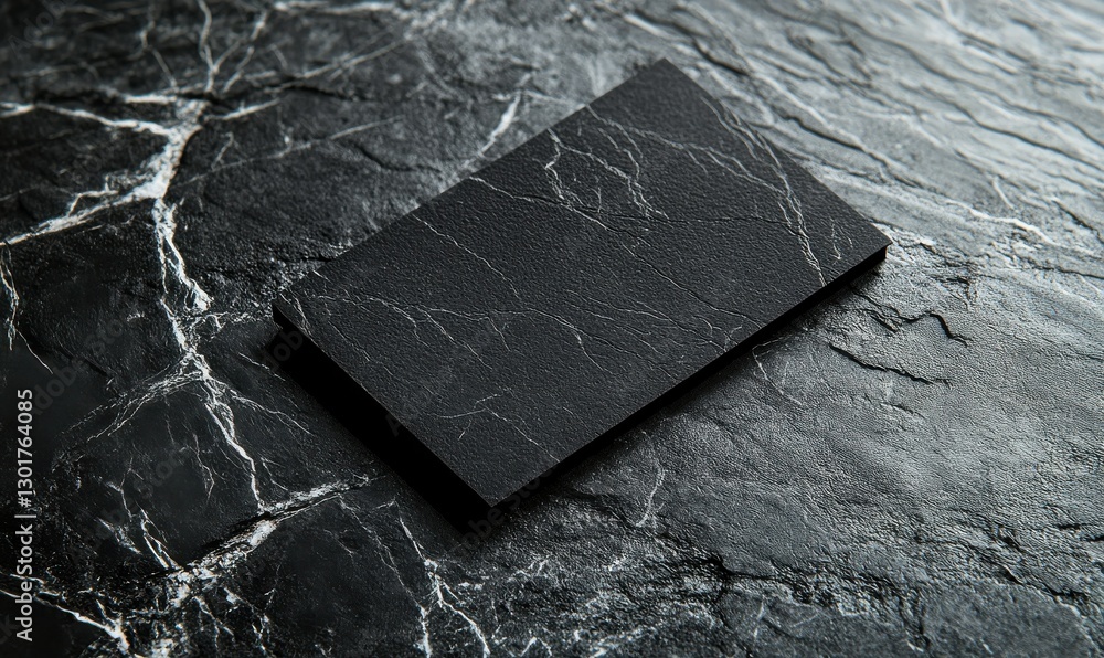Poster black business card resting on a textured marble surface with subtle cracks and shadows, soft diffus
