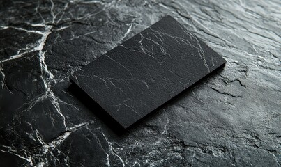 Black business card resting on a textured marble surface with subtle cracks and shadows, soft diffused lighting adding elegance and minimalism
