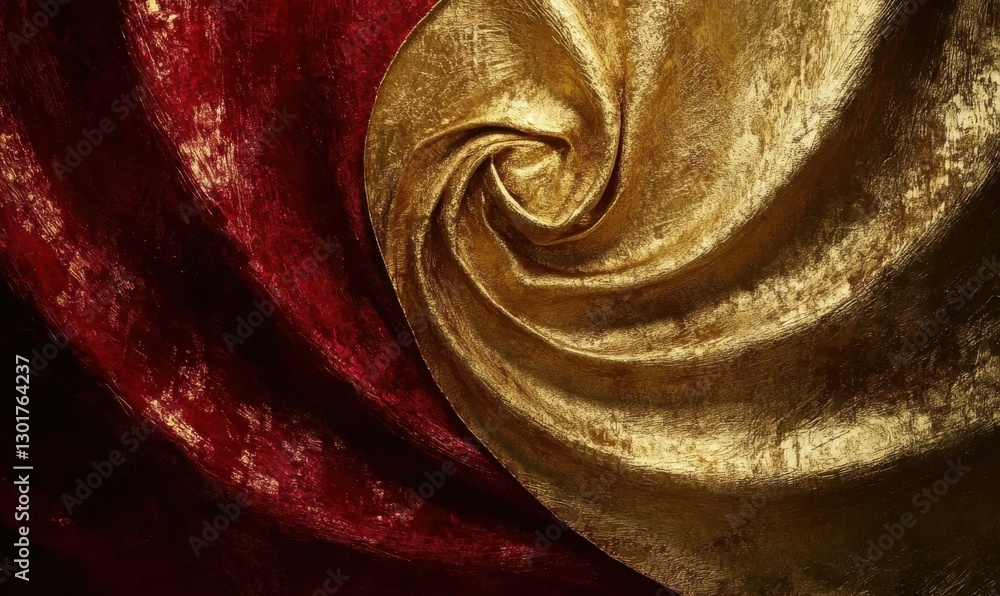 Poster bold abstract swirl of metallic gold and deep red textures illuminated by soft glowing light creatin