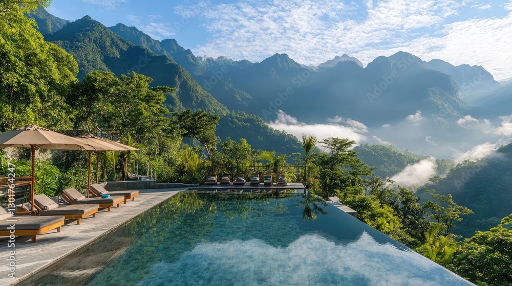 Poster a mountain-view hotel pool with misty hills in the background, creating a serene and peaceful settin