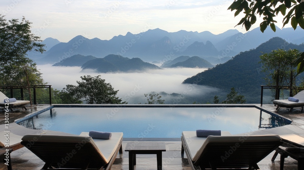 Poster a mountain-view hotel pool with misty hills in the background, creating a serene and peaceful settin