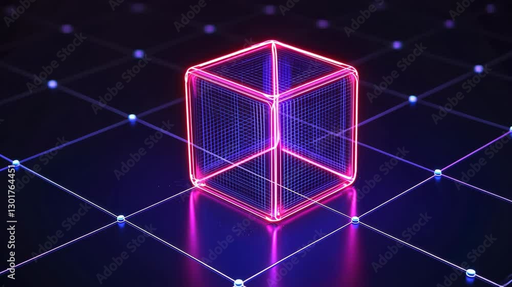Aufkleber glowing neon cube sits on grid emitting vibrant pink and blue light creating futuristic digital atmo