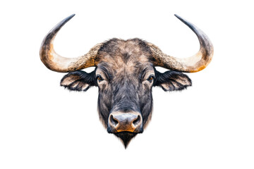 Buffalo head with horns on white bg, cut out
