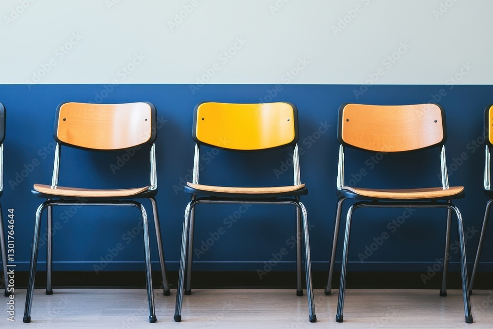 Poster chairs lined up against a modern backdrop in a minimalist space inviting quiet contemplation and cre