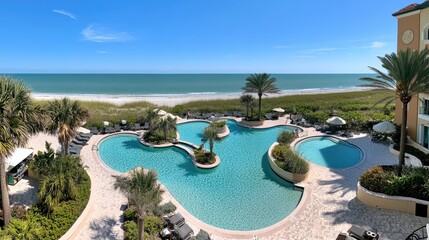 Fototapeta premium A panoramic view of a beachfront hotel pool, where turquoise waters blend with the ocean beyond under a clear blue sky.